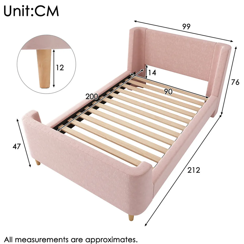 Lit 90x200 cm tapissé velours avec tête de lit style luge, motifs spatiaux enfantins, coloris rose