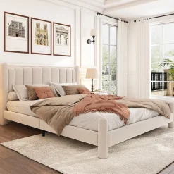 Lit 160x200 cm tapissé velours beige avec tête de lit ondulée et pieds cylindriques 43,5 cm