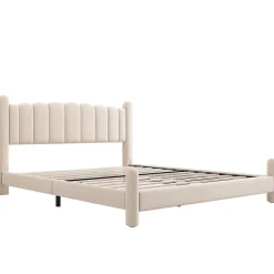 Lit 160x200 cm tapissé velours beige avec tête de lit ondulée et pieds cylindriques 43,5 cm