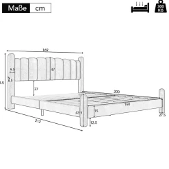 Lit 160x200 cm tapissé velours beige avec tête de lit ondulée et pieds cylindriques 43,5 cm