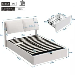 Lit 140x200 cm tapissé velours beige avec coffre intégré, 3 tiroirs latéraux et tête de lit réglable