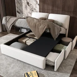 Lit 140x200 cm tapissé velours beige avec coffre intégré, 3 tiroirs latéraux et tête de lit réglable