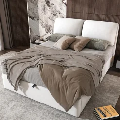 Lit 140x200 cm tapissé velours beige avec coffre intégré, 3 tiroirs latéraux et tête de lit réglable