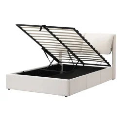 Lit 140x200 cm tapissé velours beige avec coffre intégré, 3 tiroirs latéraux et tête de lit réglable