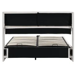 Lit 140x200 cm tapissé velours beige avec coffre intégré, 3 tiroirs latéraux et tête de lit réglable