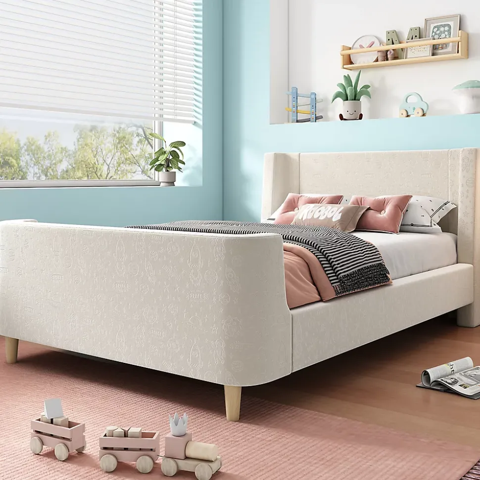 Lit 90x200 cm tapissé velours beige, design luge avec tête rembourrée et motif spatial, cadre métal et bois