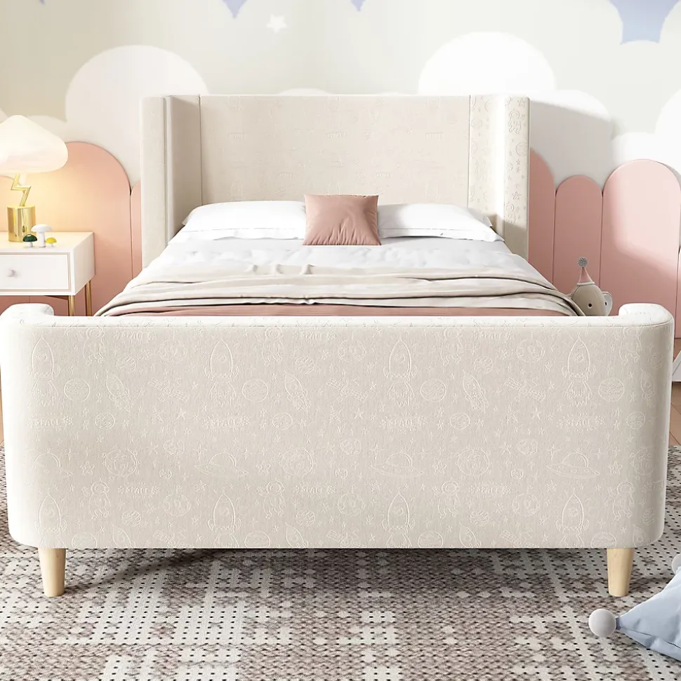 Lit 90x200 cm tapissé velours beige, design luge avec tête rembourrée et motif spatial, cadre métal et bois