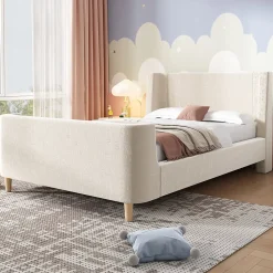 Lit 90x200 cm tapissé velours beige, design luge avec tête rembourrée et motif spatial, cadre métal et bois