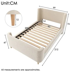 Lit 90x200 cm tapissé velours beige, design luge avec tête rembourrée et motif spatial, cadre métal et bois
