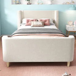 Lit 90x200 cm tapissé velours beige, design luge avec tête rembourrée et motif spatial, cadre métal et bois