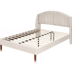 Lit 140x200 cm tapissé velours beige avec tête de lit rembourrée et sommier à lattes en bois, style intemporel