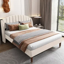 Lit 140x200 cm tapissé velours beige avec tête de lit rembourrée et sommier à lattes en bois, style intemporel