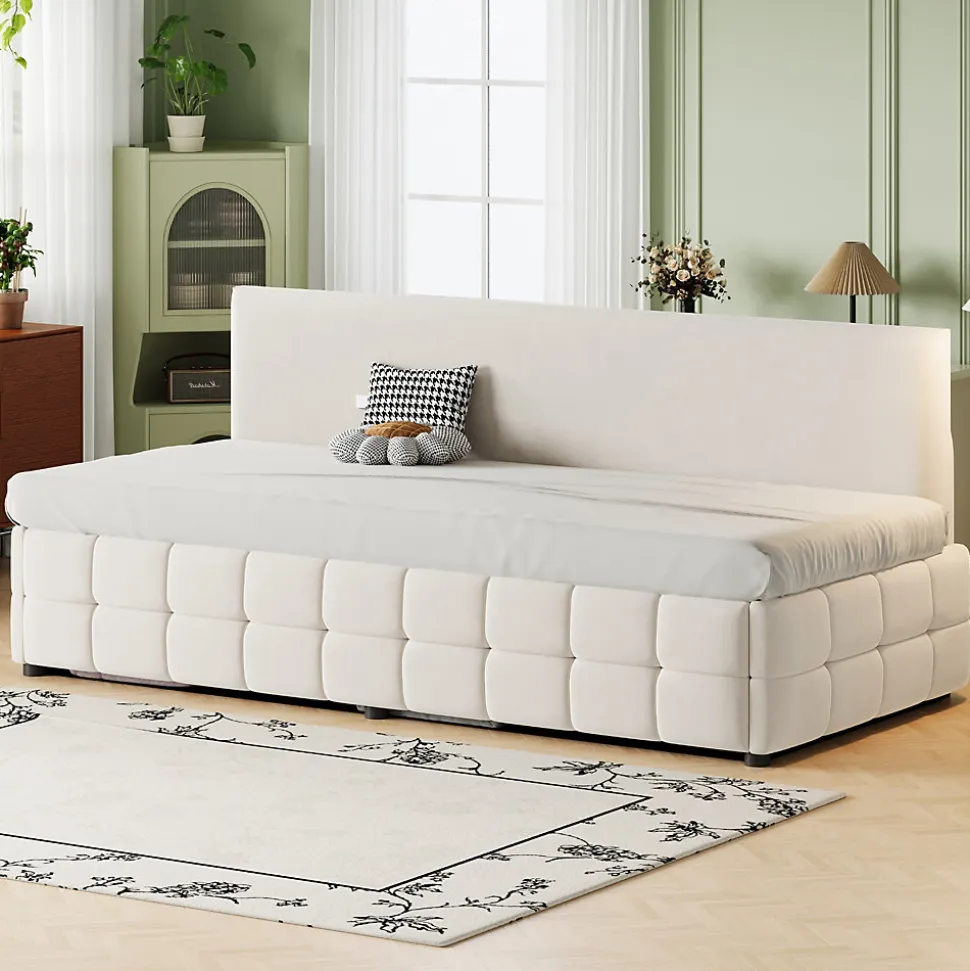 Lit 90x200 cm tapissé velours beige avec rangement hydraulique, dossier sans accoudoirs, motif carreaux discret