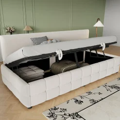 Lit 90x200 cm tapissé velours beige avec rangement hydraulique, dossier sans accoudoirs, motif carreaux discret