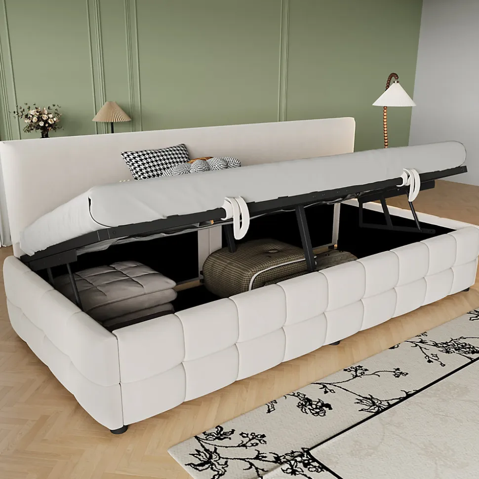 Lit 90x200 cm tapissé velours beige avec rangement hydraulique, dossier sans accoudoirs, motif carreaux discret