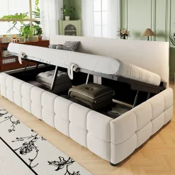 Lit 90x200 cm tapissé velours beige avec rangement hydraulique, dossier sans accoudoirs, motif carreaux discret