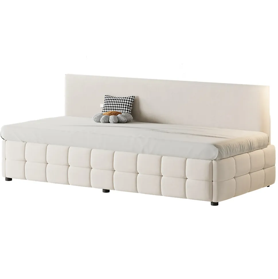 Lit 90x200 cm tapissé velours beige avec rangement hydraulique, dossier sans accoudoirs, motif carreaux discret