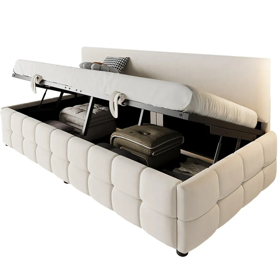 Lit 90x200 cm tapissé velours beige avec rangement hydraulique, dossier sans accoudoirs, motif carreaux discret