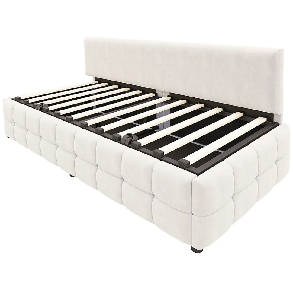 Lit 90x200 cm tapissé velours beige avec rangement hydraulique, dossier sans accoudoirs, motif carreaux discret