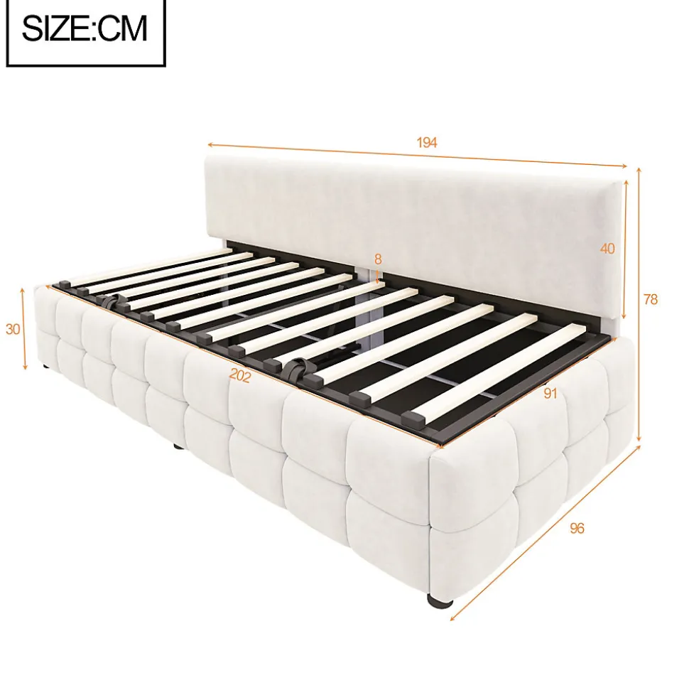 Lit 90x200 cm tapissé velours beige avec rangement hydraulique, dossier sans accoudoirs, motif carreaux discret