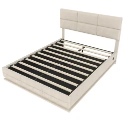 Lit 140x200 cm tapissé velours beige avec coffre XXL, tête de lit 3 positions et éclairage LED