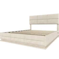 Lit 140x200 cm tapissé velours beige avec coffre XXL, tête de lit 3 positions et éclairage LED