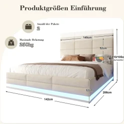 Lit 140x200 cm tapissé velours beige avec coffre XXL, tête de lit 3 positions et éclairage LED