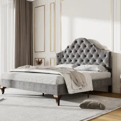 Lit 140x200 cm tapissé velours gris avec tête rembourrée et lattes en bois, design élégant