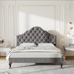 Lit 140x200 cm tapissé velours gris avec tête rembourrée et lattes en bois, design élégant