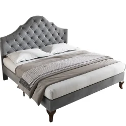 Lit 140x200 cm tapissé velours gris avec tête rembourrée et lattes en bois, design élégant