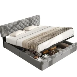 Lit 180x200 cm tapissé velours gris avec tête de lit réglable, sommier à lattes et grand coffre de rangement