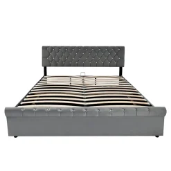 Lit 180x200 cm tapissé velours gris avec tête de lit réglable, sommier à lattes et grand coffre de rangement