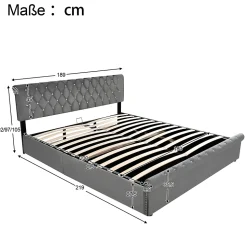 Lit 180x200 cm tapissé velours gris avec tête de lit réglable, sommier à lattes et grand coffre de rangement