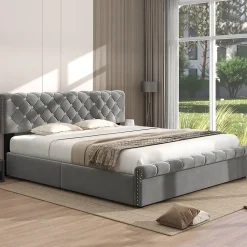 Lit 180x200 cm tapissé velours gris avec tête de lit réglable, sommier à lattes et grand coffre de rangement