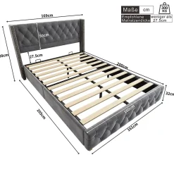 Lit 160x200 cm tapissé velours gris avec tête capitonnée, ornements clous et pieds en bois robustes