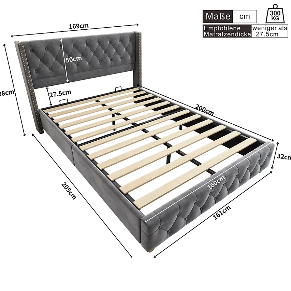 Lit 160x200 cm tapissé velours gris avec tête capitonnée, ornements clous et pieds en bois robustes