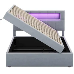 Lit 90x200 cm tapissé velours gris avec éclairage d'ambiance LED, coffre de rangement et tête de lit réglable