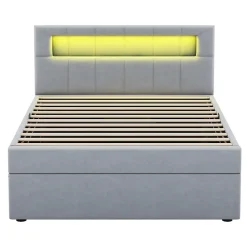 Lit 90x200 cm tapissé velours gris avec éclairage d'ambiance LED, coffre de rangement et tête de lit réglable