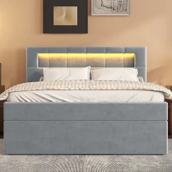 Lit 90x200 cm tapissé velours gris avec éclairage d'ambiance LED, coffre de rangement et tête de lit réglable