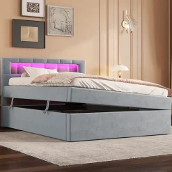 Lit 90x200 cm tapissé velours gris avec éclairage d'ambiance LED, coffre de rangement et tête de lit réglable