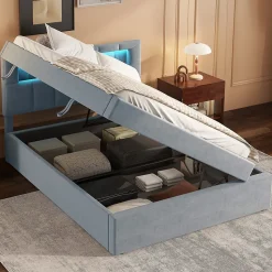 Lit 90x200 cm tapissé velours gris avec éclairage d'ambiance LED, coffre de rangement et tête de lit réglable