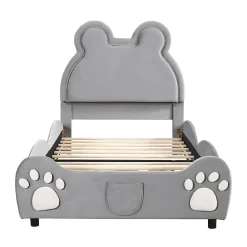 Lit 90x200 cm tapissé velours gris en forme d'ours, design ludique et confortable pour chambre d'enfant