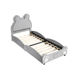 Lit 90x200 cm tapissé velours gris en forme d'ours, design ludique et confortable pour chambre d'enfant