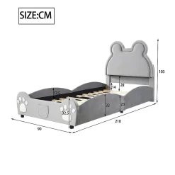 Lit 90x200 cm tapissé velours gris en forme d'ours, design ludique et confortable pour chambre d'enfant