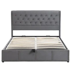 Lit 140x190 cm tapissé velours gris avec coffre de rangement et tête de lit 103 cm cloutée