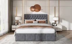Lit 140x190 cm tapissé velours gris avec coffre de rangement et tête de lit 103 cm cloutée