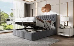 Lit 140x190 cm tapissé velours gris avec coffre de rangement et tête de lit 103 cm cloutée