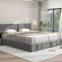 Lit 180x200 cm tapissé velours gris avec coffre hydraulique et tête réglable, style européen élégant