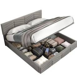 Lit 180x200 cm tapissé velours gris avec coffre hydraulique et tête réglable, style européen élégant