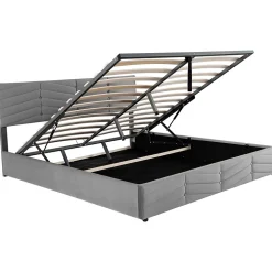 Lit 180x200 cm tapissé velours gris avec coffre hydraulique et tête réglable, style européen élégant